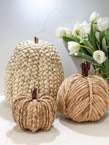 Large Plait Straw Pumpkin With Wooden Stalk