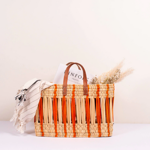 Orange Stripe Decorative Reed Storage Basket