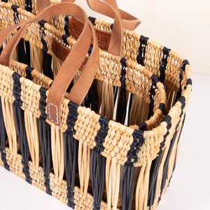 Indigo Stripe Decorative Reed Storage Basket