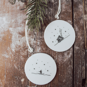 Flat Porcelain Bauble-Ski Lodge