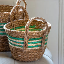 Straw And Corn Basket Green Stripe With Handles