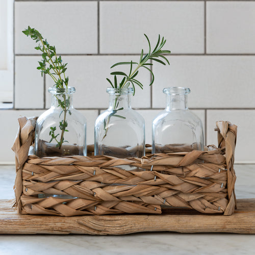 Straw Basket With 3 Glass Bottles