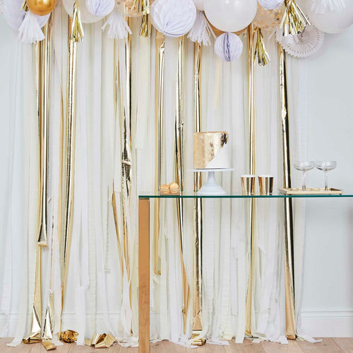 Gold Metallic Party Streamers Backdrop